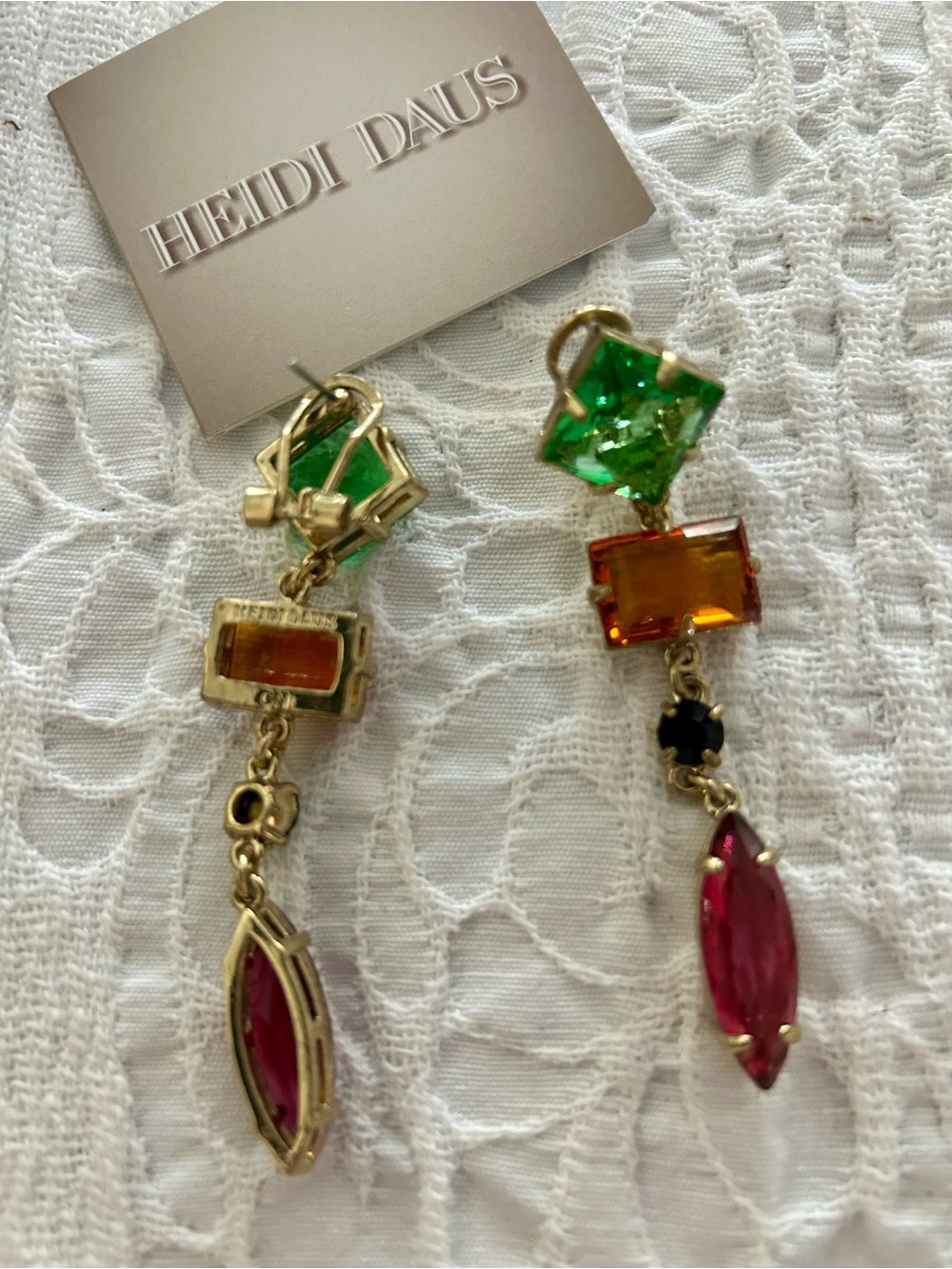 NWT Heidi Daus Gold-Tone Drop Earrings with Green, Amber, Black,Magenta Crystal